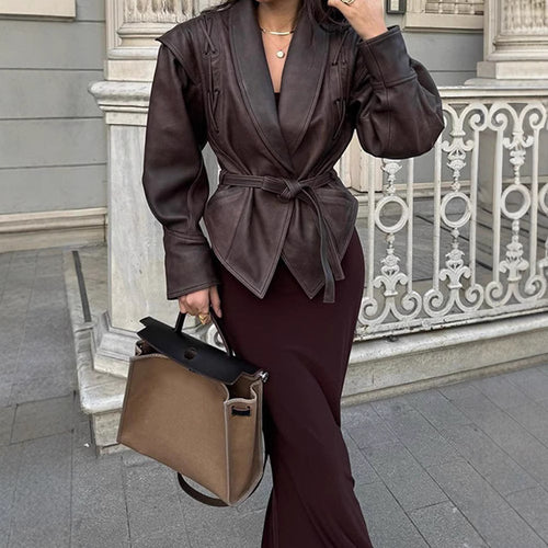 Designer leather blazer for women with belt and decorative lace details Amarae