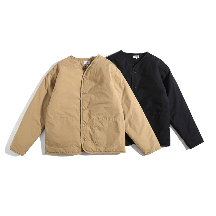 Unisex Lightly Quilted Round Neck Transitional Jacket with Button Placket and Patch Pockets Amarae