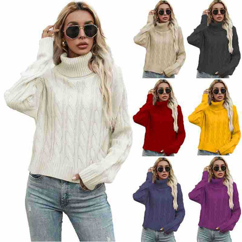Chunky knit sweater for women with high collar and elegant twisted pattern Amarae