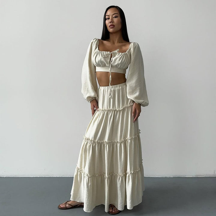 Lune London women's summer crop-top and skirt set with ruffle details