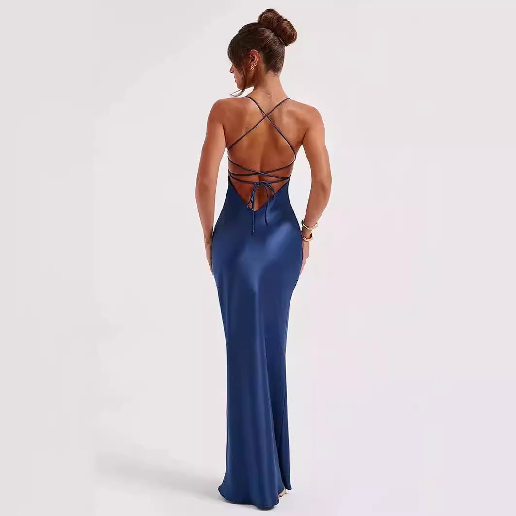 Ladies Elegant Satin Maxi Dress with Deep V-Neck and Slim Fit