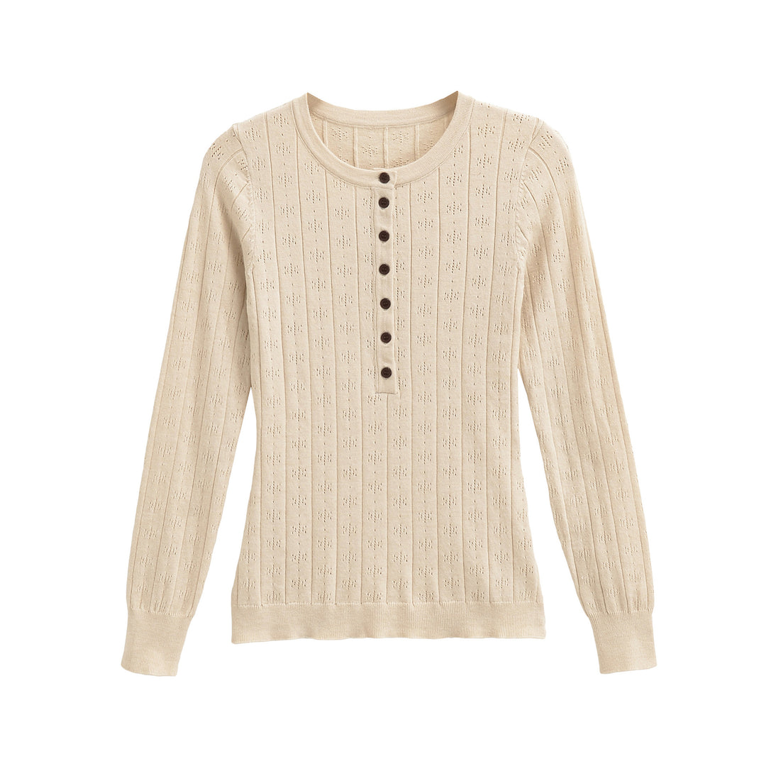 Women's fine knit long sleeve with button placket and textured knit Amarae