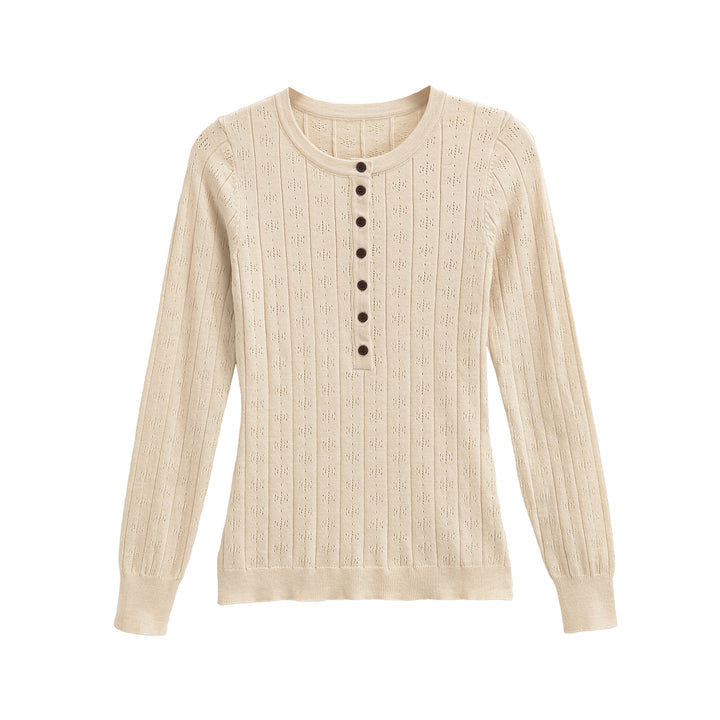 Women's fine knit long sleeve with button placket and textured knit Amarae