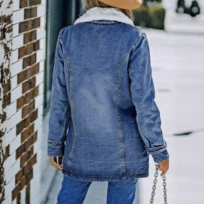 Women's Oversized Denim Jacket with Teddy Lining, Button Placket and Patch Pockets Amarae