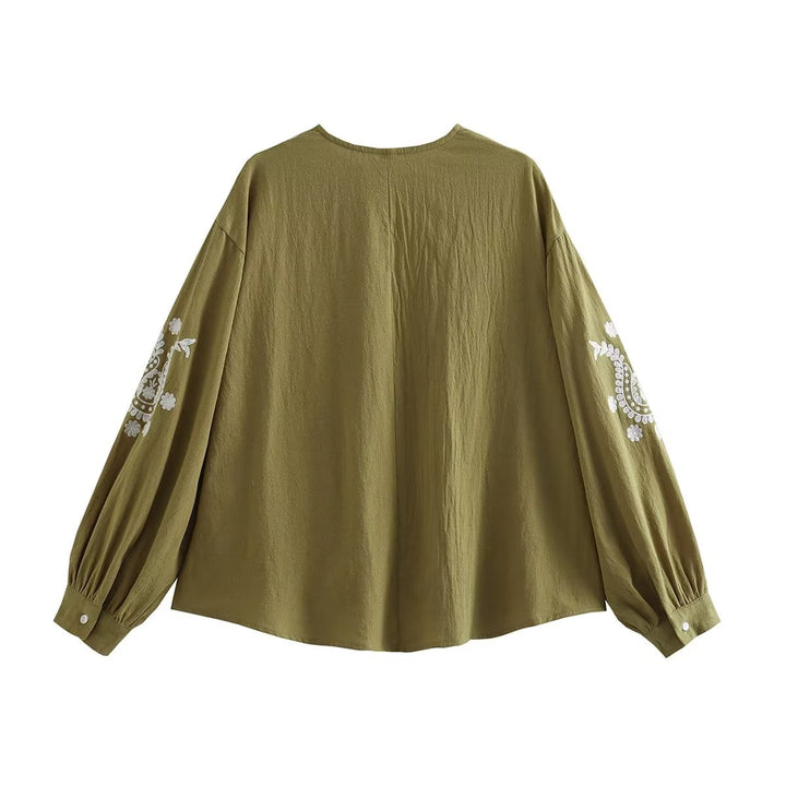 Embroidered blouse for women with puff sleeves and V-neck Lune London