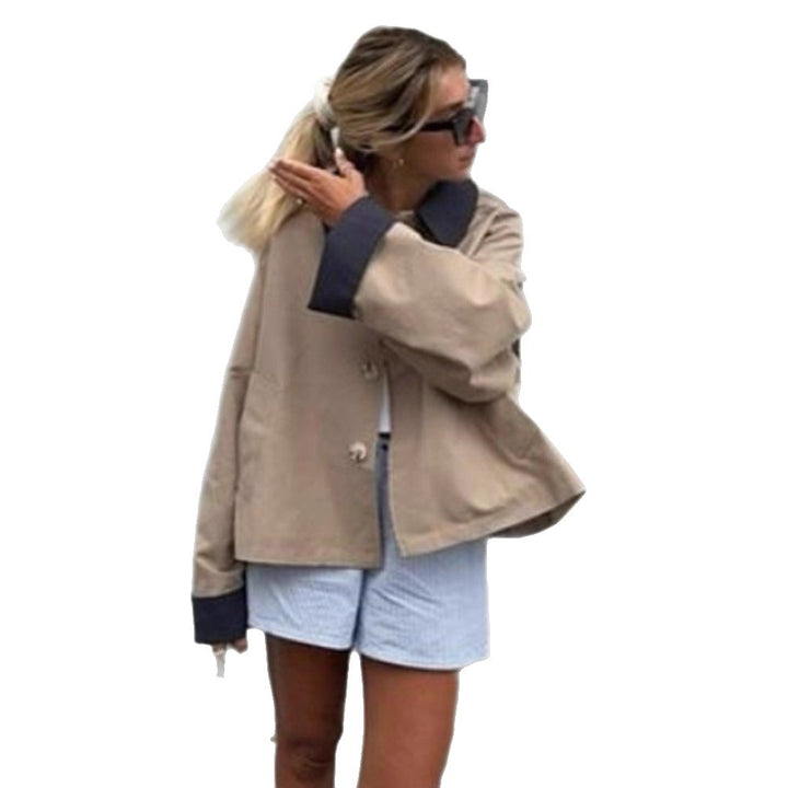 Women's Boxy Transitional Jacket with Contrast Collar, Concealed Button Placket, and Extended Sleeves Amarae