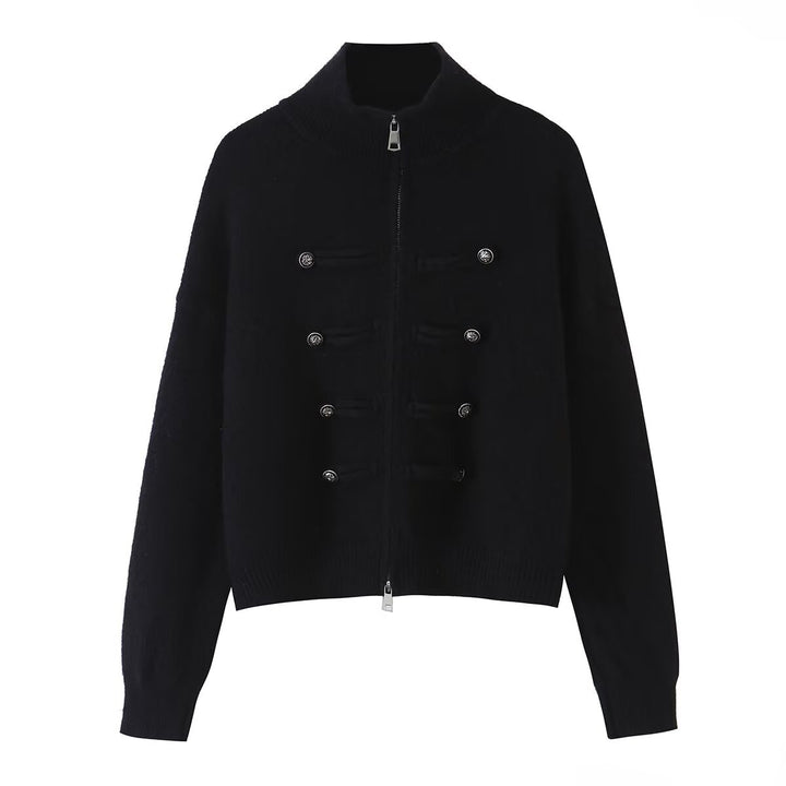 Ladies cardigan with stand-up collar, zipper and decorative knot trims Amarae