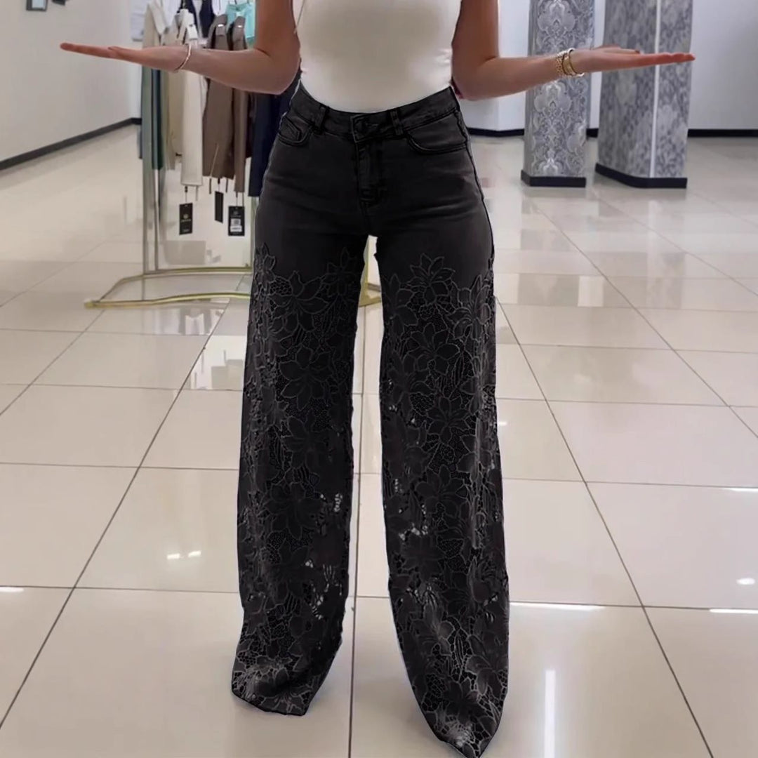 Wide Palazzo jeans for women with floral lace pattern Lune London