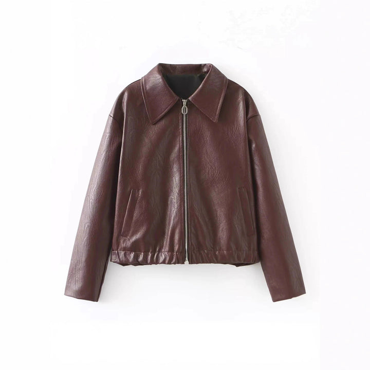 Trendy faux leather jacket for women with oversized collar Lune London