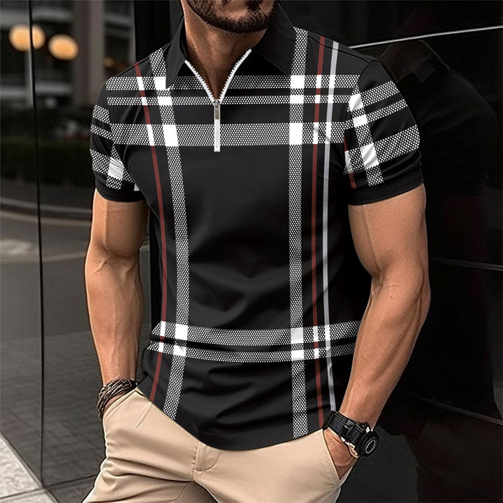 Men's Short Sleeve Polo with Modern Zip Closure and Chic Plaid Design