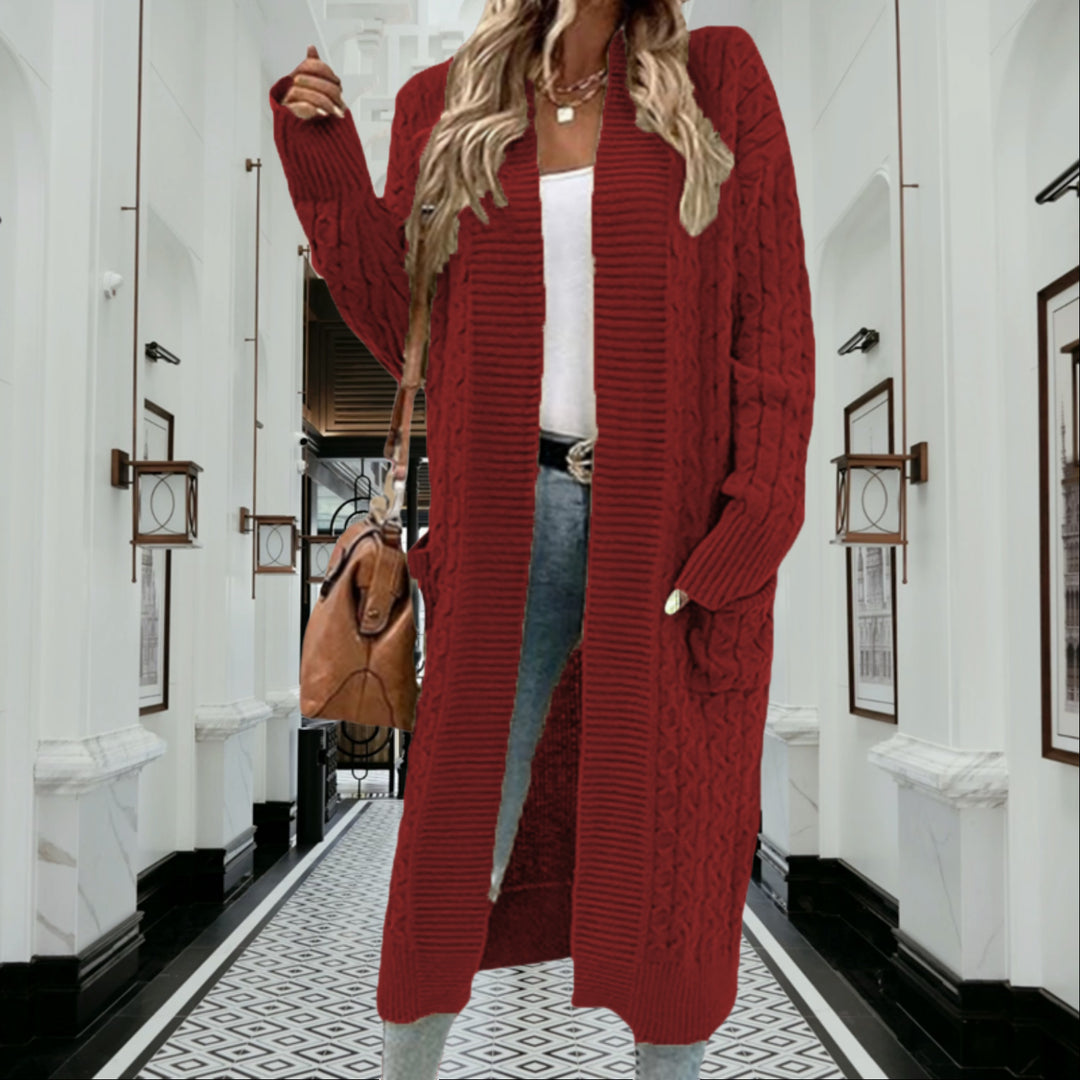 Knitted coat for women with elegant braided design and practical pockets Lune London