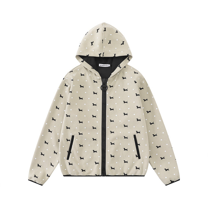 Women Lightweight Hooded Zip Jacket with Dog Silhouette and Polka Dot Allover Amarae