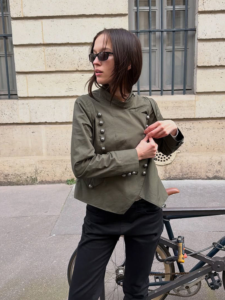 Women's Military-Inspired Short Jacket with Stand-Up Collar and Decorative Button Placket Amarae