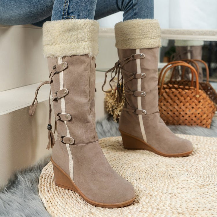 High-quality suede wedge boots for women with trendy pleated design Lune London