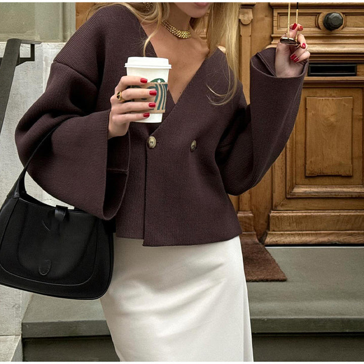 Women's cardigan wrap look with deep V-neck and bell sleeves Amarae