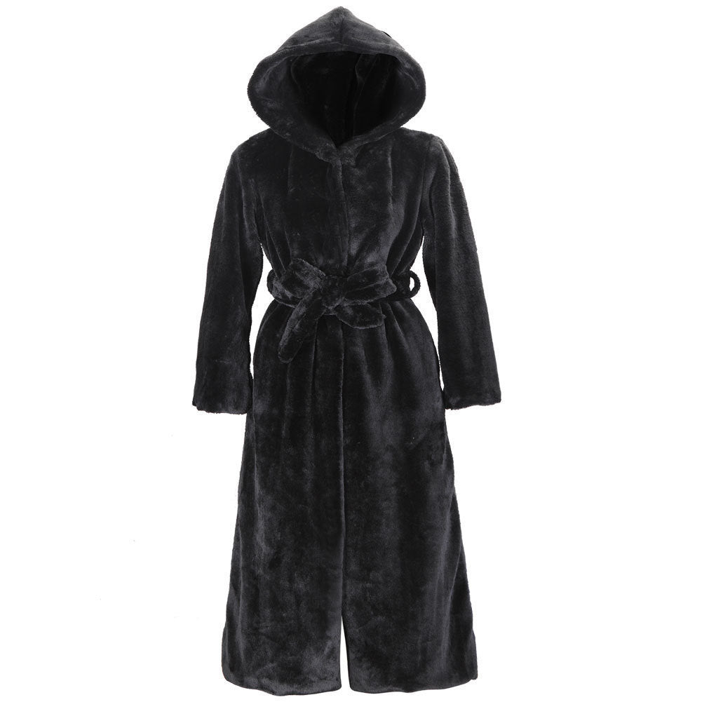 Luxury faux fur coat for women with hood and wide belt Lune London