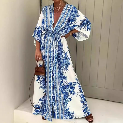Bohemian maxi dress for women with elegant V-neck and fitted belt Amarae