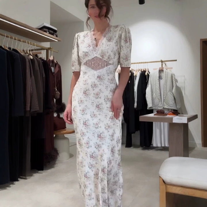 Women Romantic Maxi Dress in Flowing Satin with Lace Cut-Out & Puff Sleeves Amarae