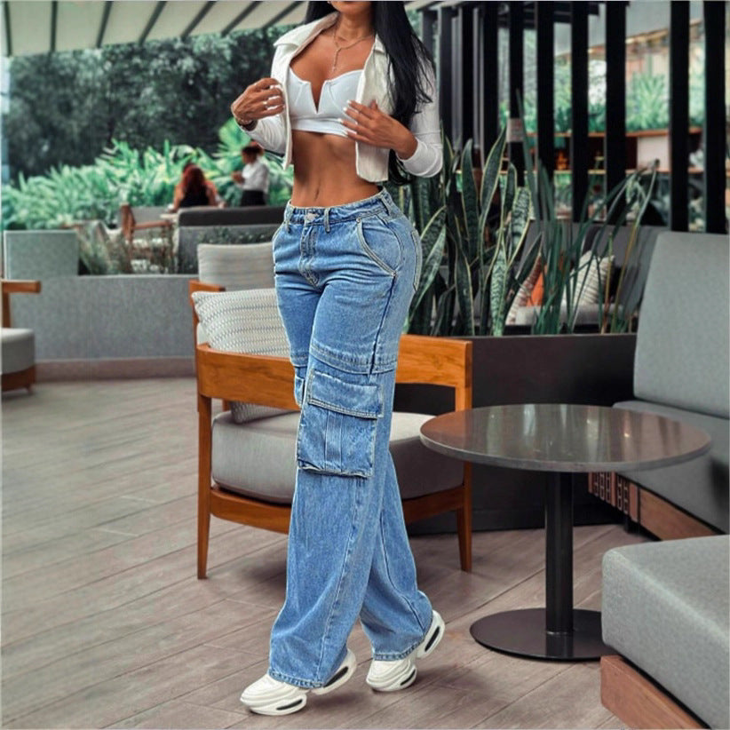 Women's casual cargo denim baggy trousers with extra-large flap pockets and straight leg Amarae