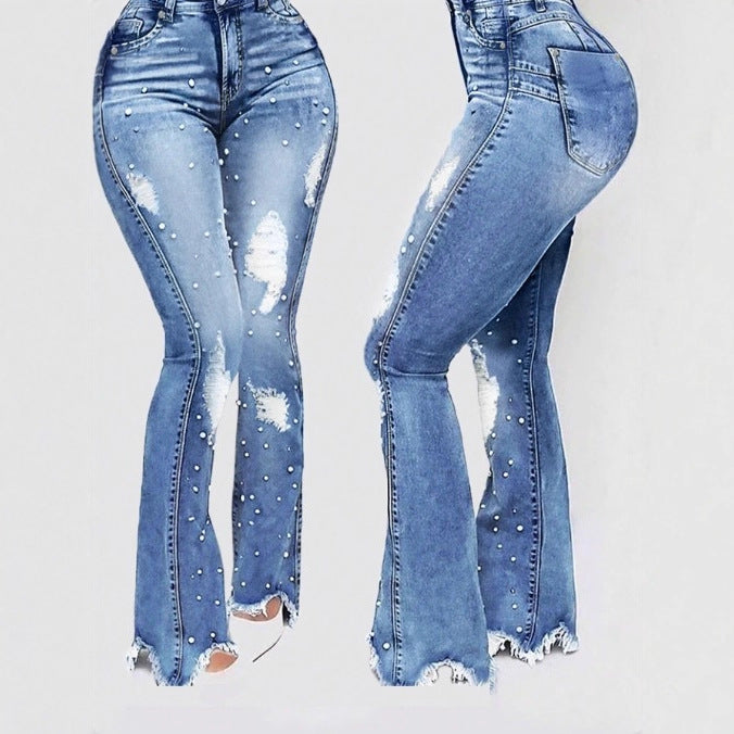 Ladies pearl-embellished high-waist flared jeans with destroyed details and raw hem Amarae
