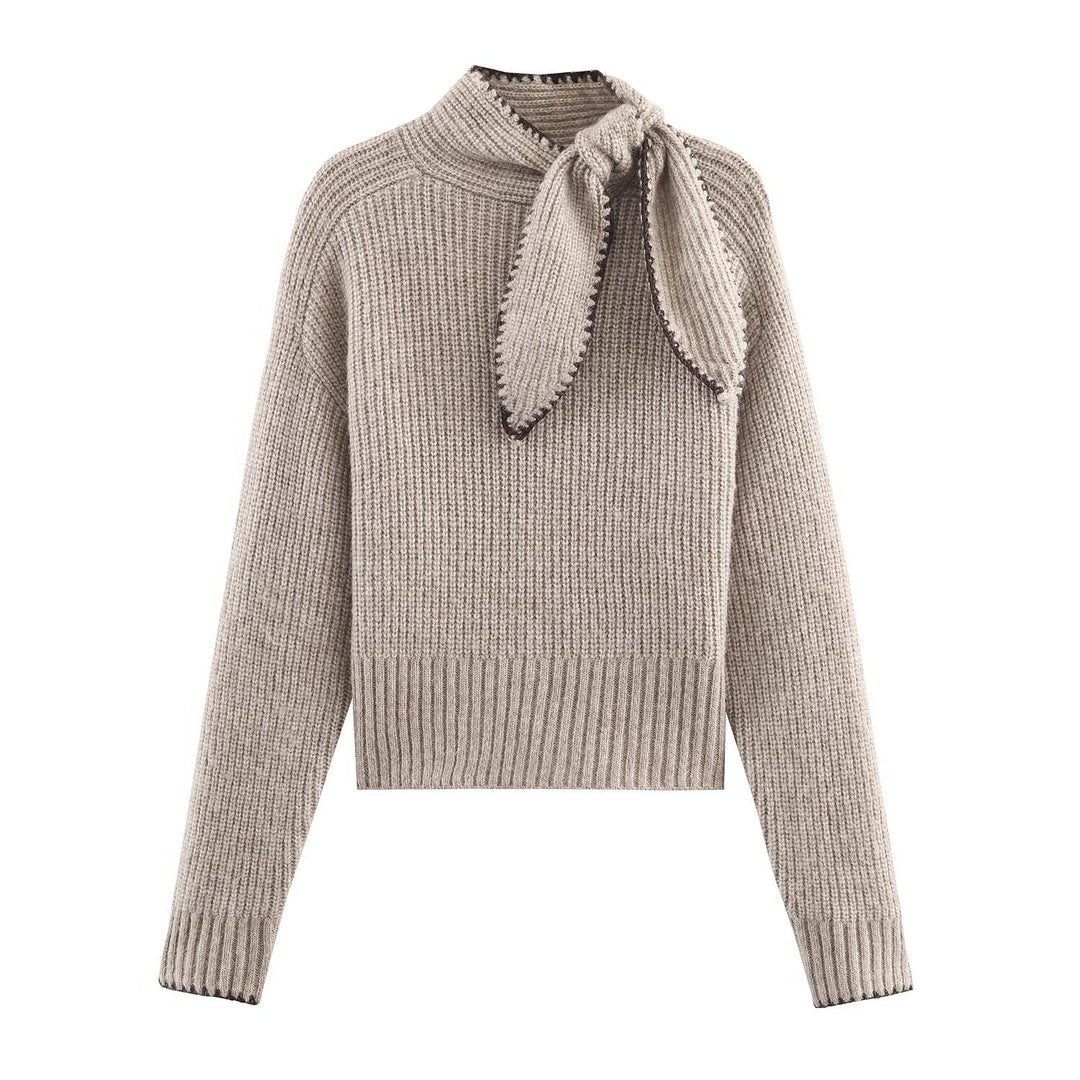 Women's Short-Cut Ribbed Knit Sweater with High Collar and Integrated Knot Scarf Amarae