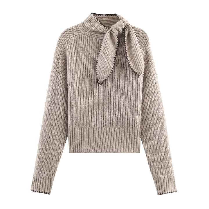 Women's Short-Cut Ribbed Knit Sweater with High Collar and Integrated Knot Scarf Amarae