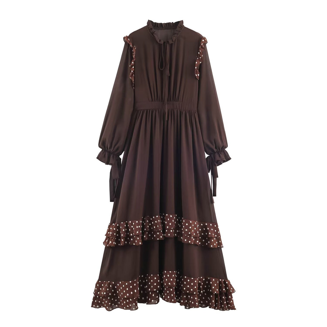 Ladies playful midi tiered dress with ruffle collar, tie belt and flounce layers Amarae