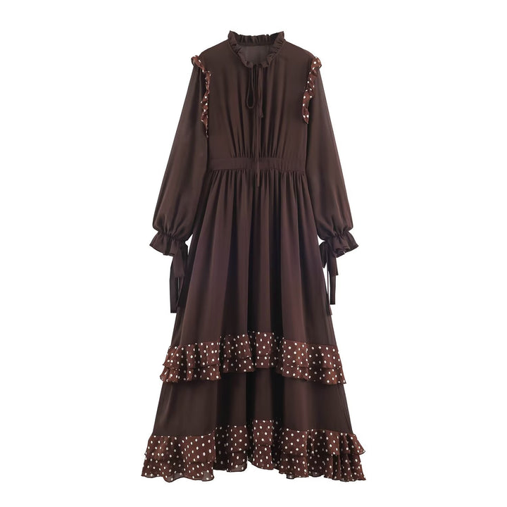 Ladies playful midi tiered dress with ruffle collar, tie belt and flounce layers Amarae