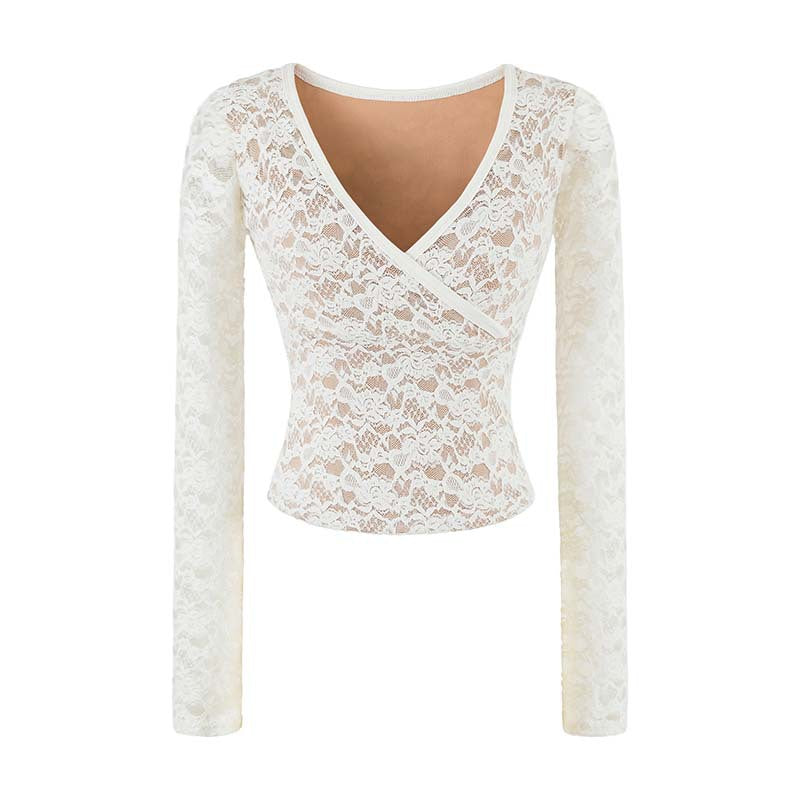 Women's Figure-hugging Lace Top with Wrap V-neck and Long Sleeves Amarae