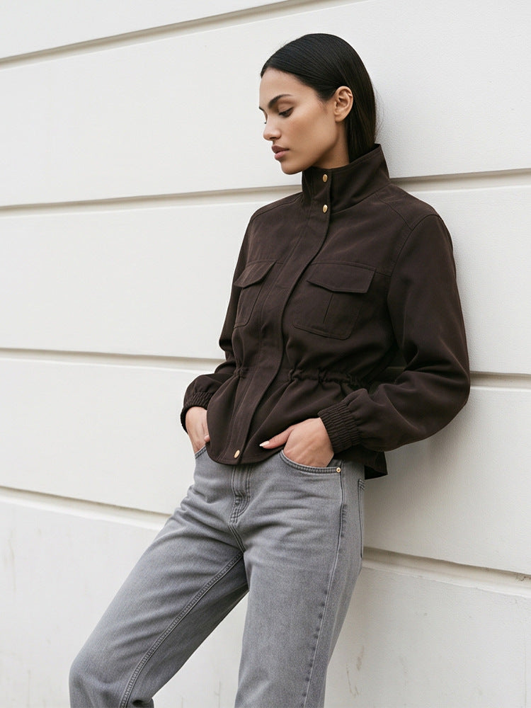 Women’s short jacket in utility style with waist drawstring and stand-up collar Amarae