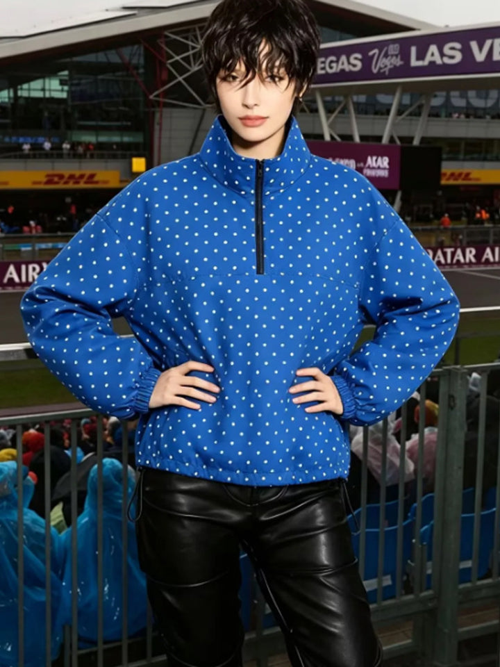 Women's Lightweight Polka Dot Half-Zip Transitional Jacket with Stand-Up Collar and Drawstring Amarae