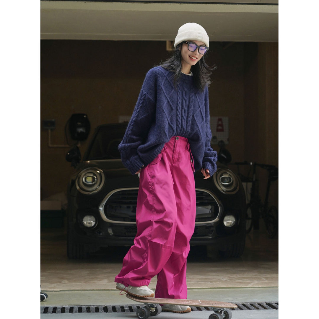 Women's Extra Wide Nylon Cargo Pants with Drawstring Waist and Attached Pockets Amarae