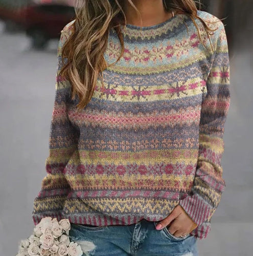 Women's Knit Sweater with Colorful Norwegian Pattern and Round Neck Chic Und Stil