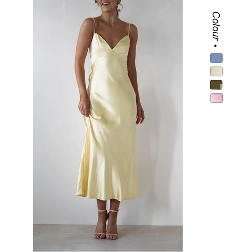 Ladies Satin Maxi Dress in elegant cut with narrow spaghetti straps Amarae
