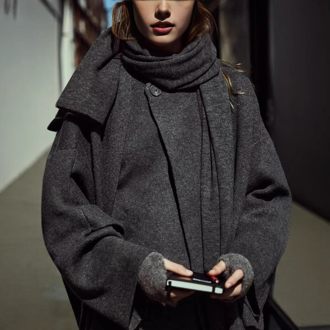 Ladies asymmetrical wrap jacket with large collar Amarae