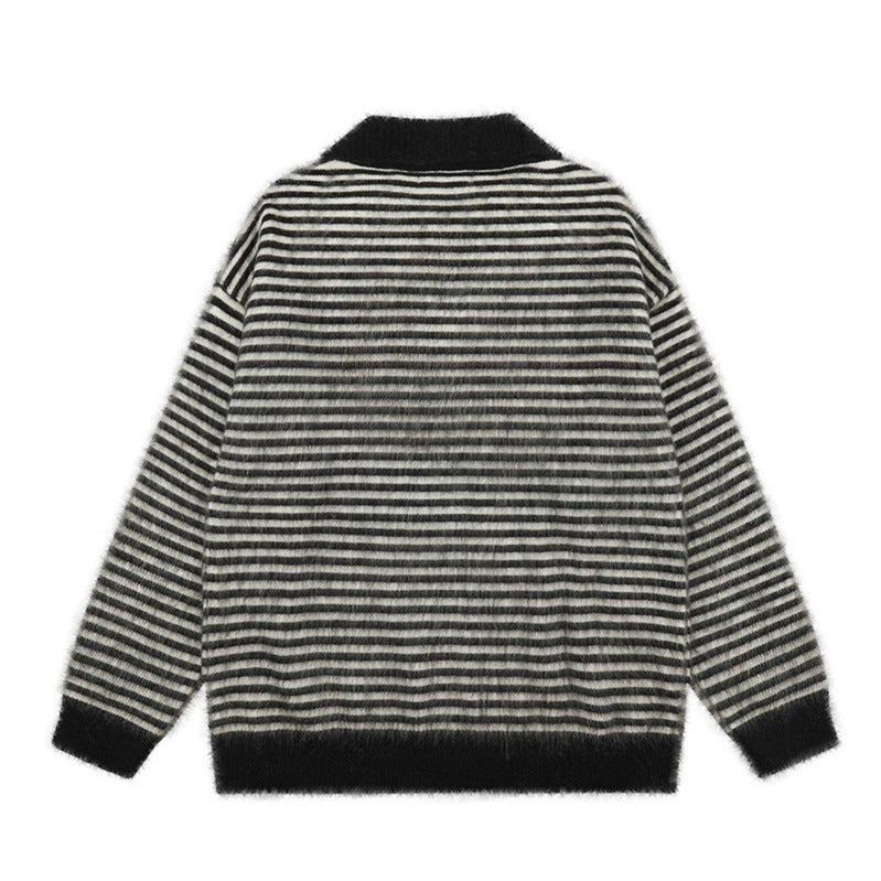 Women's Fluffy Knit Polo with Stripes, Contrasting Collar and Button Placket Amarae