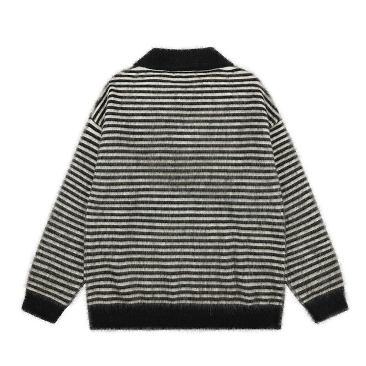 Women's Fluffy Knit Polo with Stripes, Contrasting Collar and Button Placket Amarae