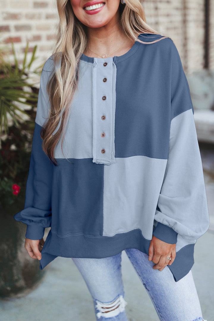 Women's Oversized Long Sleeve Sweatshirt in Colorblock with Henley Button Placket and Balloon Sleeves Amarae