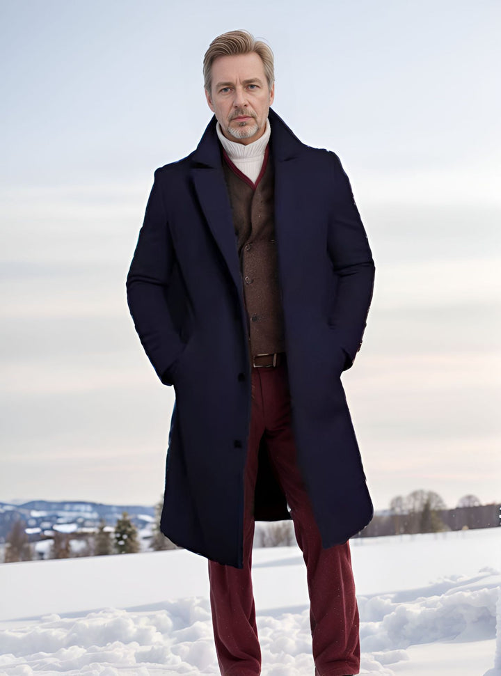Elegant long coat for men with a textured premium material and practical pockets Amarae