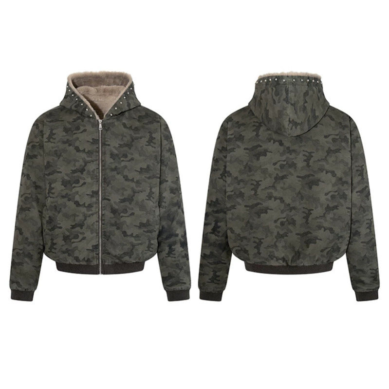 Women's padded camouflage bomber jacket with teddy lining, hood, and ribbed cuffs Amarae