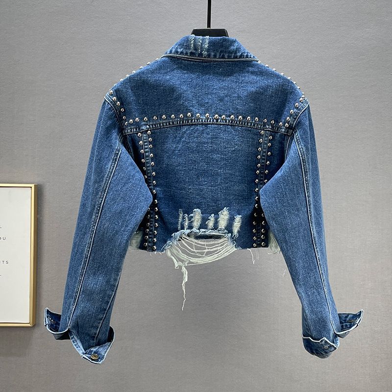 Veste en jean de créateur pour femmes avec clous et franges Chic & Stil