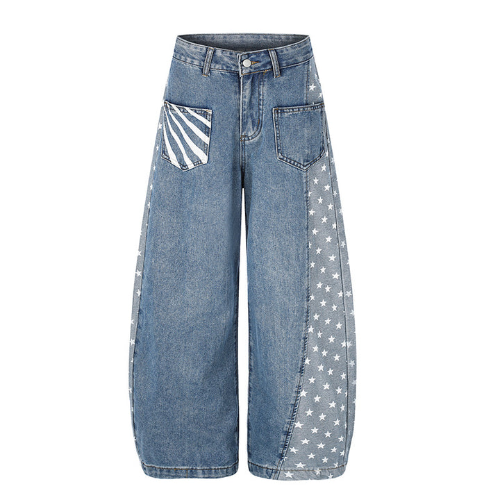 Women's Wide Denim Palazzo Pants with Contrast Sides, Star Print and Patch Pockets Amarae