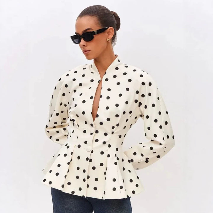 Women's Polka Dot Fitted Peplum Blouse with Stand-up Collar and Concealed Button Placket Amarae