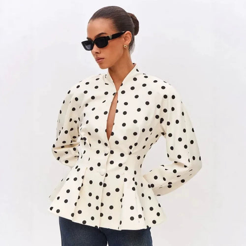 Women's Polka Dot Fitted Peplum Blouse with Stand-up Collar and Concealed Button Placket Amarae