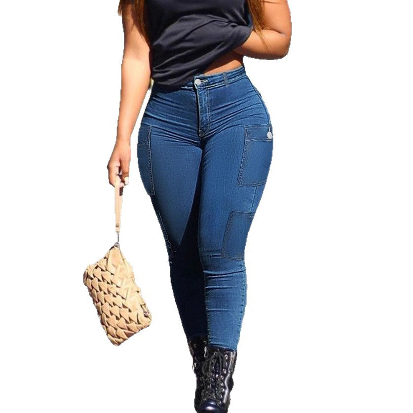 Women's High-Waisted Sculpting Skinny Jeans with Flat Cargo Pockets and Shaping Waistband Amarae