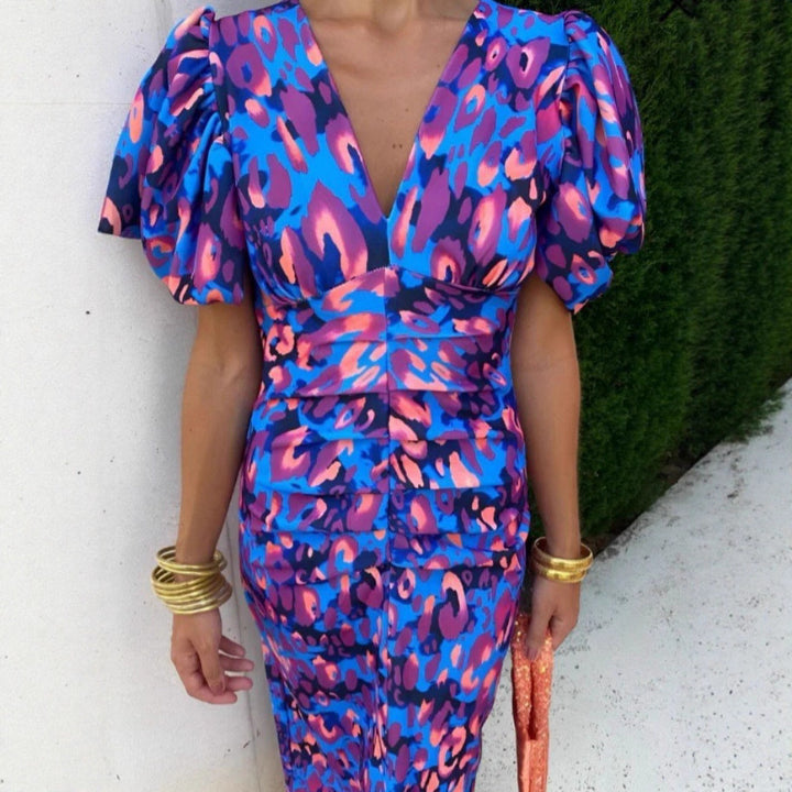 Fitted evening dress for women with puff sleeves and V-neck Lune London