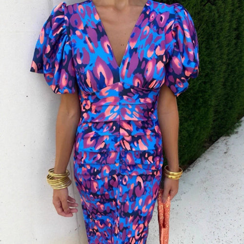 Fitted evening dress for women with puff sleeves and V-neck Amarae