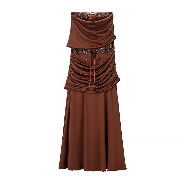 Ladies evening dress with off-the-shoulder draped top and sequin insert Amarae