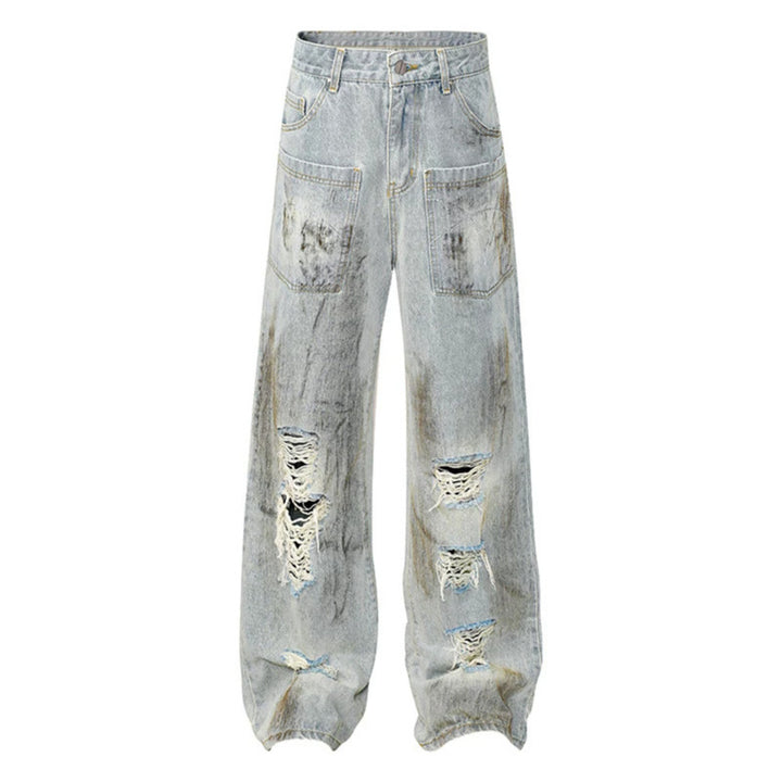 Women's Wide High-Waist Destroyed Denim Palazzo Jeans with Patch Pockets Amarae