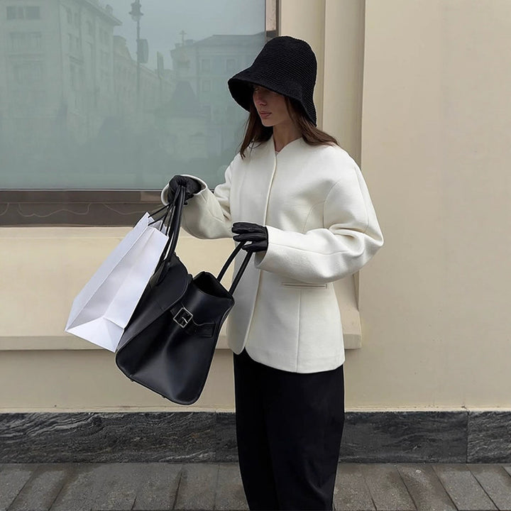 Women's Tailored Collarless Wool Blend Short Coat with Clear Silhouette Amarae